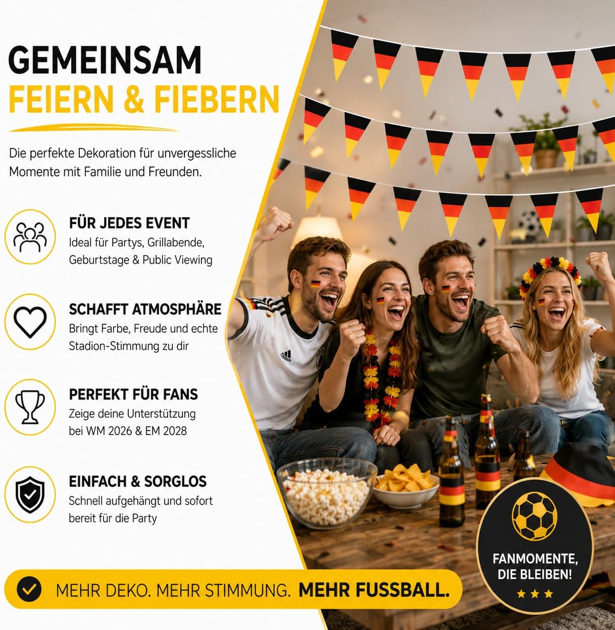 Detalle de TK Gruppe Timo Klingler XXL Wimpelkette 5 Meter Deutschland – Fan-Deko, schwarz-rot-gold, für WM 2026