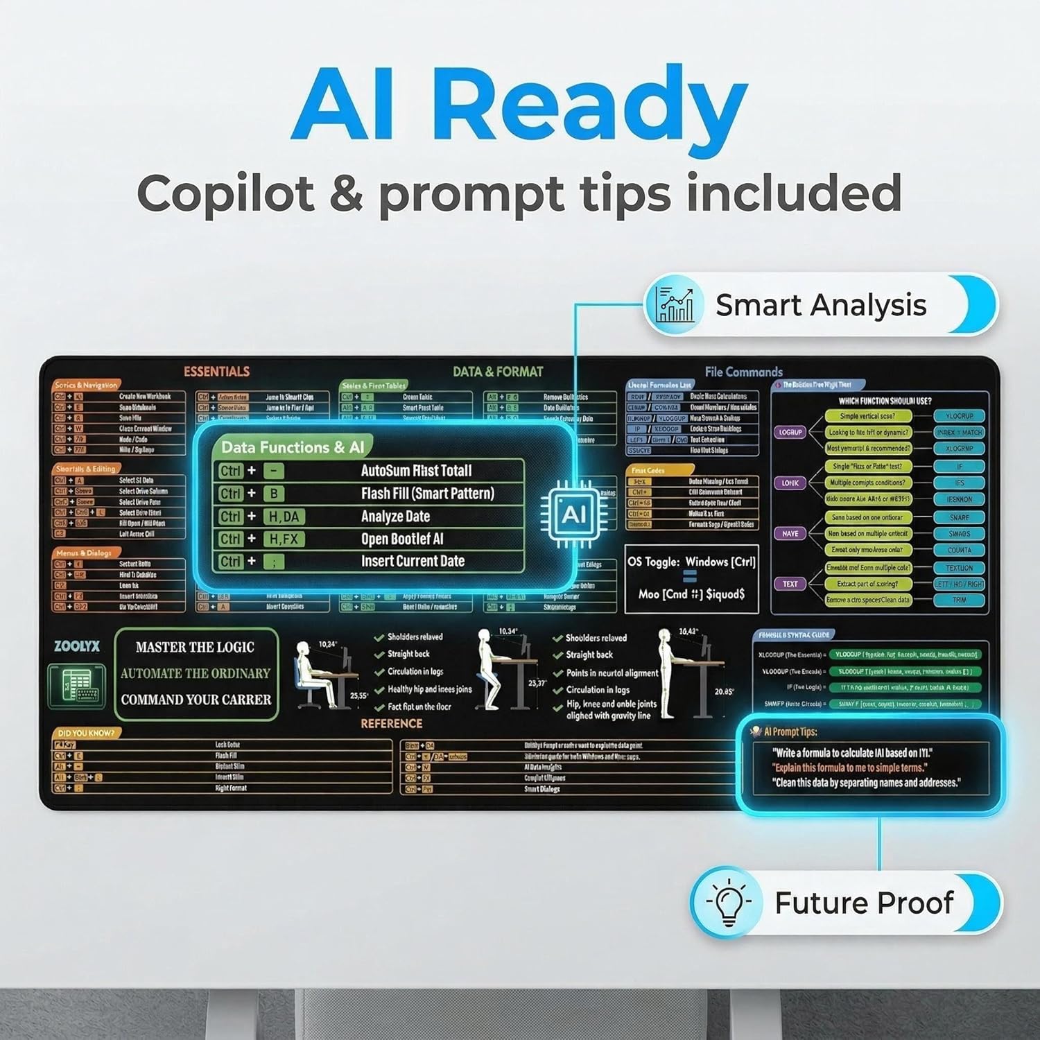 Thumbnail 3 de Zoolyx Excel Cheat Sheet Desk Mat (80x30cm) with Shortcuts, XLOOKUP Guide and AI Prompt Tips