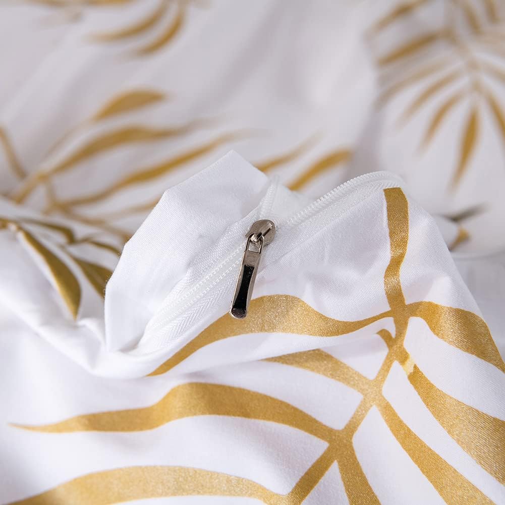 Thumbnail 3 de Michorinee Housse de Couette 200x200 Motif Feuilles de Palmier Tropicales Or et Blanc – Parure de Lit Botanique
