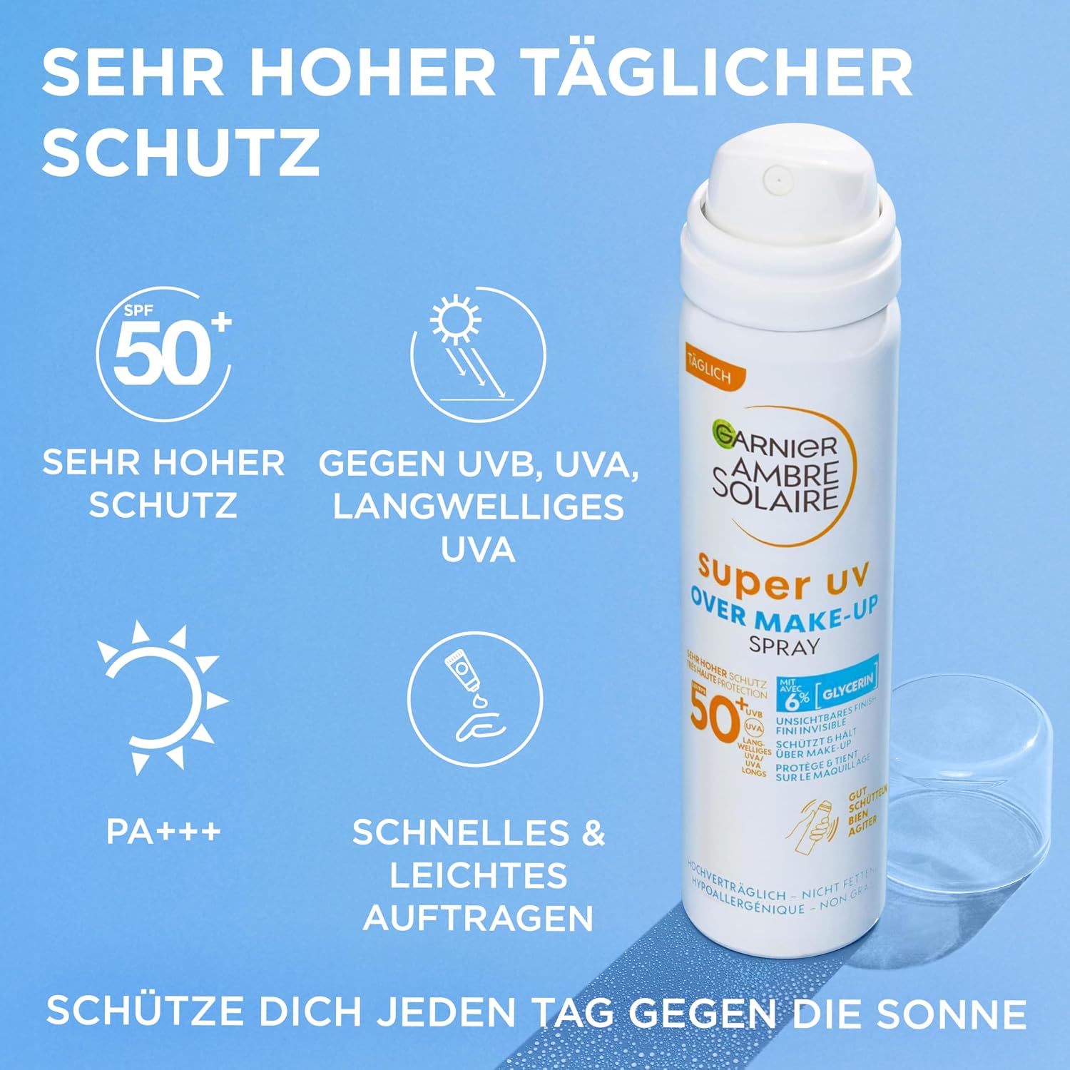 Thumbnail 1 de Garnier Ambre Solaire Super UV Over Make-up Spray LSF 50+ – Sonnenschutzspray fürs Gesicht mit Hyaluronsäure, 75 ml