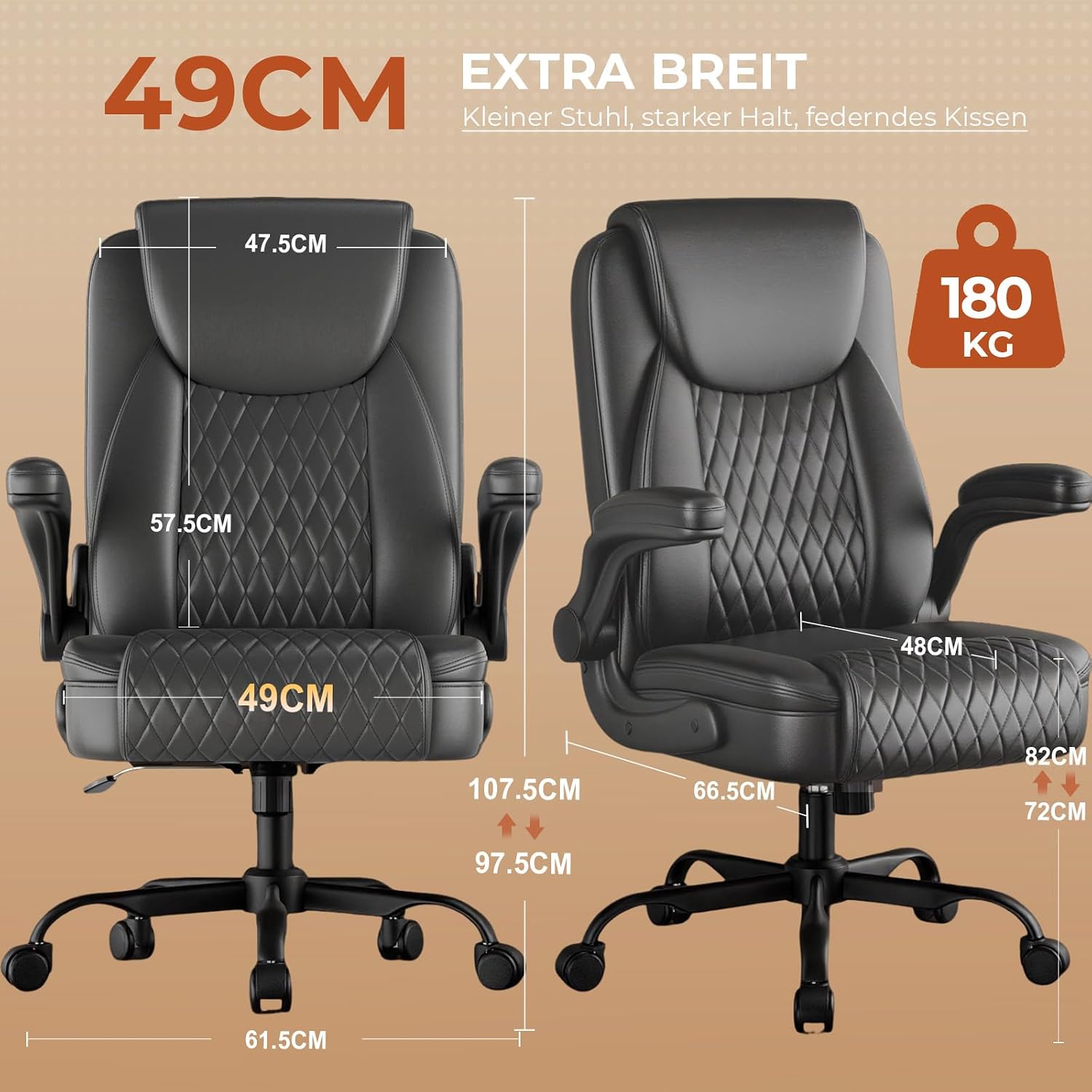 Detalle de GTPLAYER Ergonomischer Bürostuhl – Chefsessel mit hoher Rückenlehne, 180 kg Belastbarkeit, PU-Leder, höhenverstellbar und 90° klappbare Armlehnen