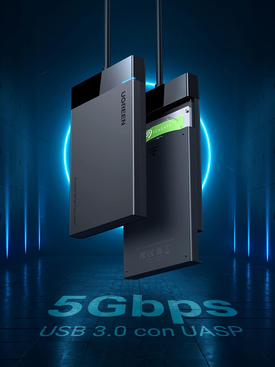 Detalle 2 de UGREEN Case Esterno per Disco Rigido USB 3.0 da 2,5” con UASP (SSD SATA 9,5/7 mm e HDD) e cavo 30 cm