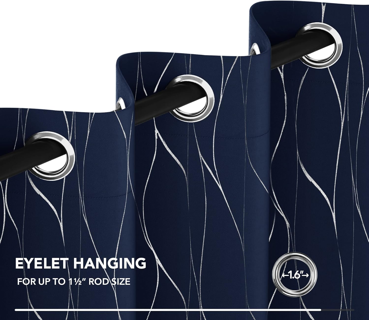 Thumbnail 4 de Deconovo Silver Wave Foil Printed Blackout Curtains (Navy Blue) – Thermal Eyelet Room Darkening, 52x84 Inch, 2 Panels