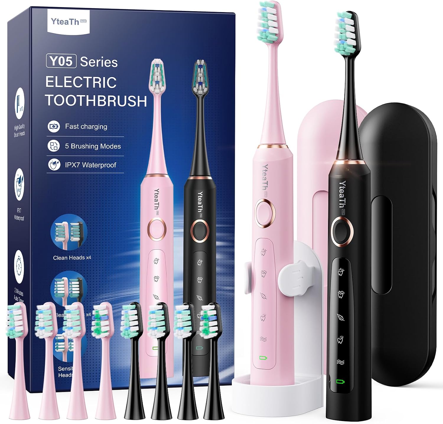 Spazzolino Elettrico Sonico per Adulti – Set da 2, 10 Testine, 2 Custodie, 5 Modalità, IPX7, Ricaricabile