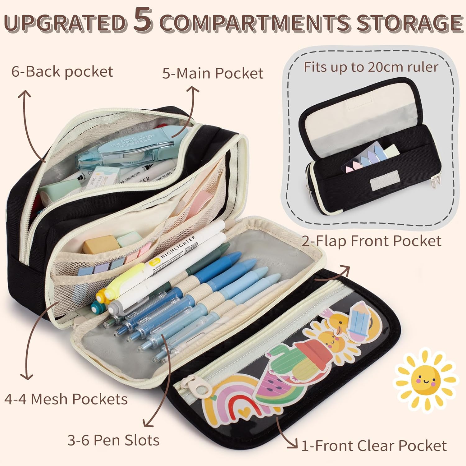Detalle de Large Capacity Pencil Case with Compartments (zip pocket, elastic straps & card slots) for school, college and office