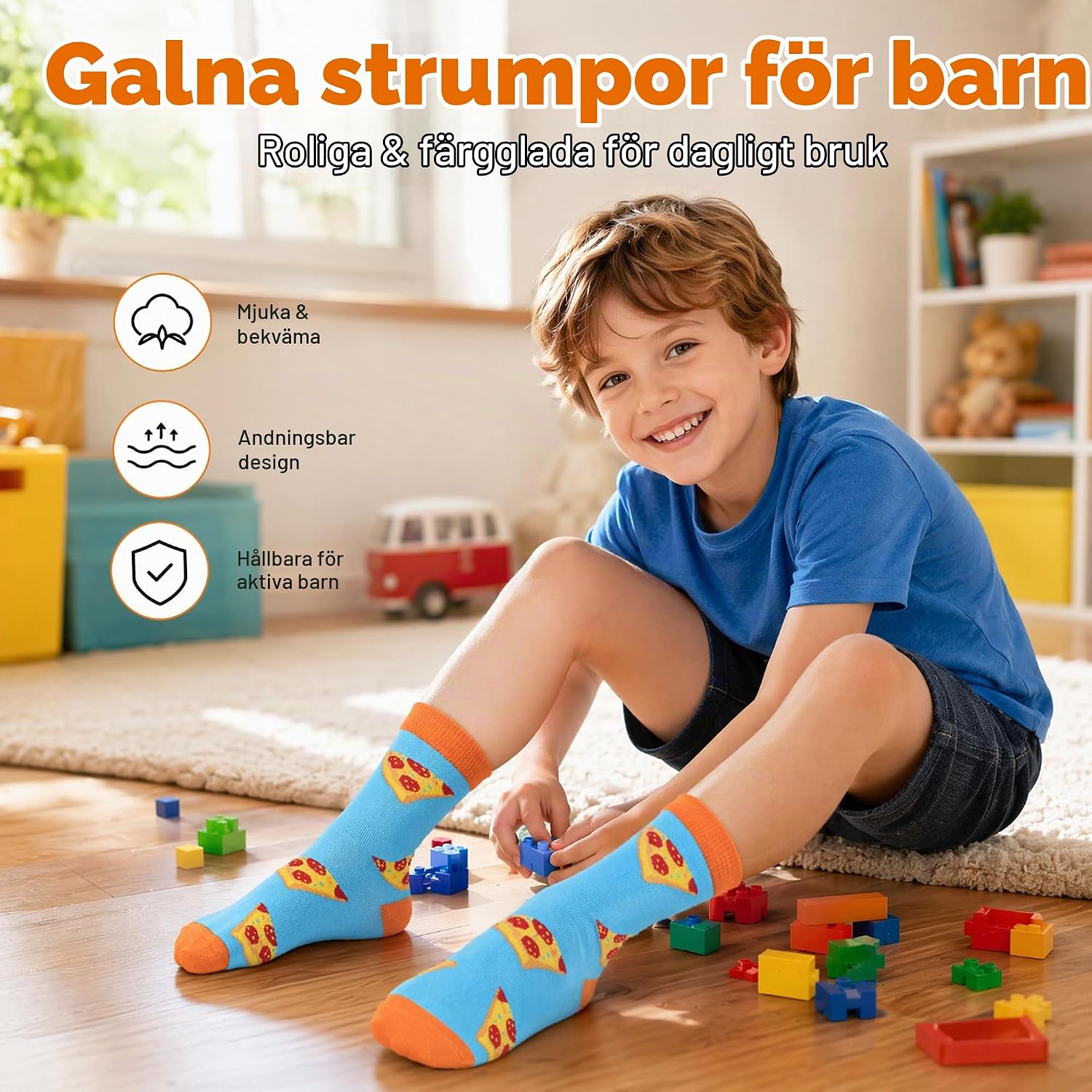 Detalle de BISOUSOX barnstrumpor i bomull med matmotiv, storlek 27–30 och 31–35