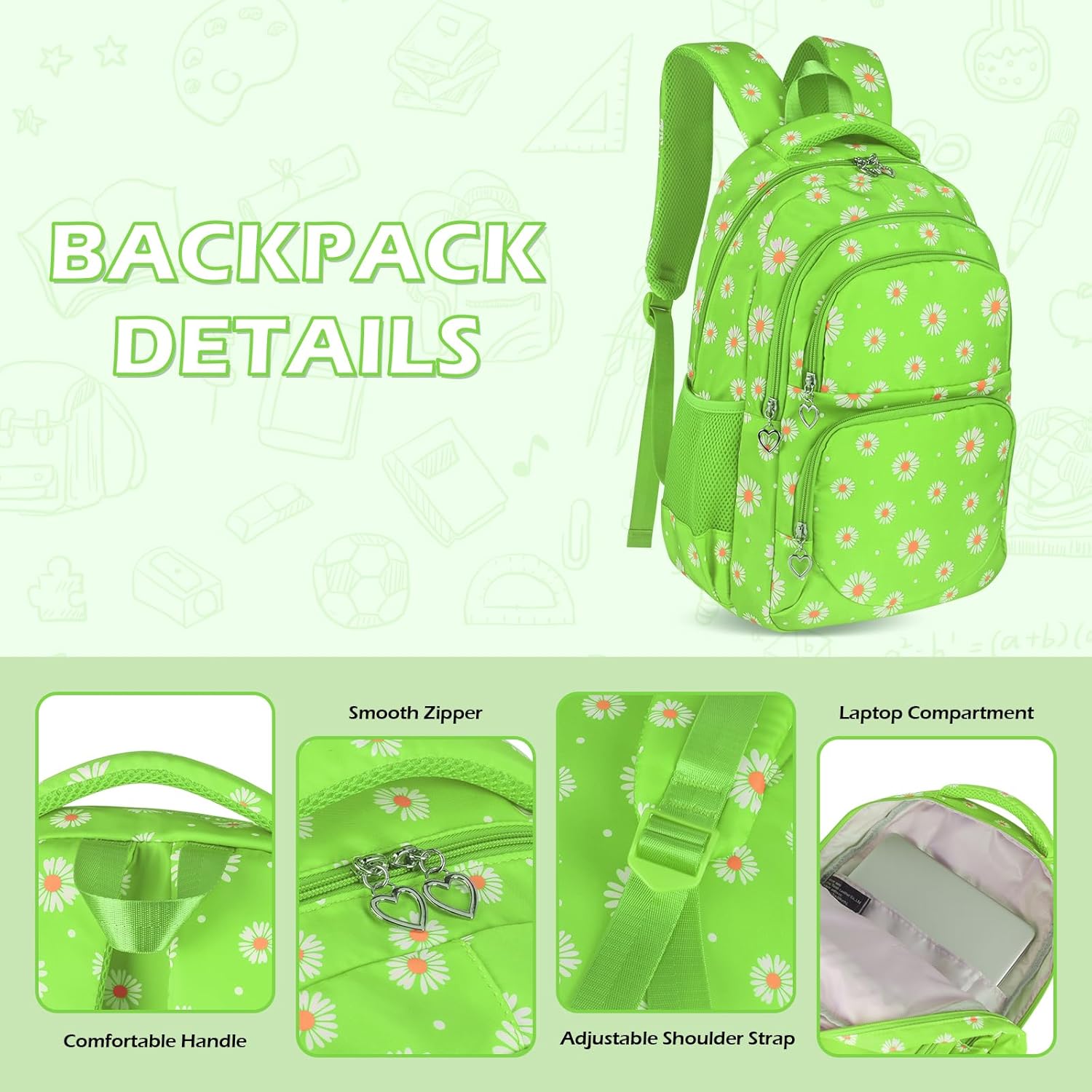 Detalle de SIVENKE Daisy Printed School Backpack Set with Lunch Bag and Pencil Case – 3-Piece Nylon, Water-Resistant, Lightweight