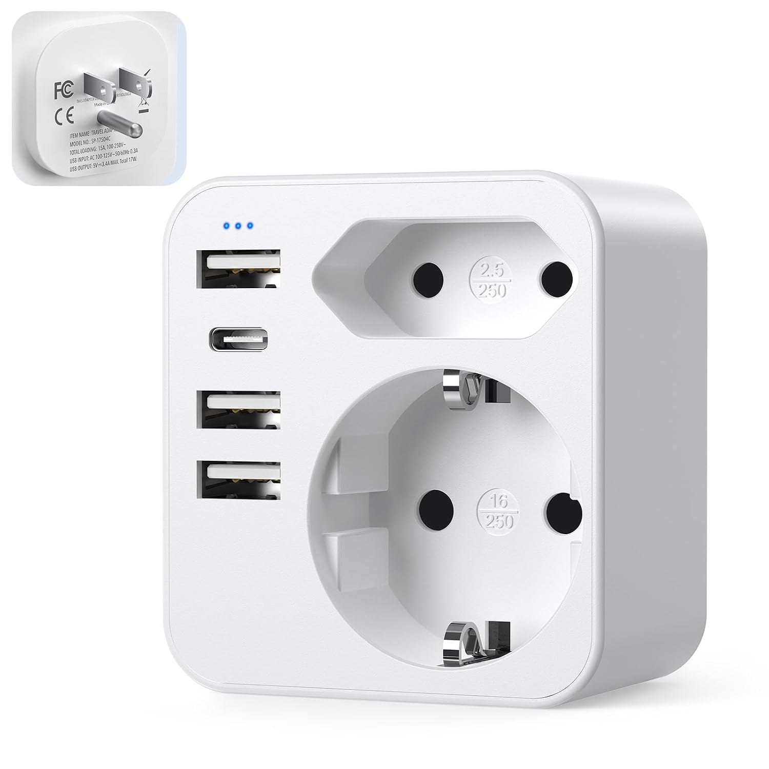 Detalle de USA Reiseadapter mit 3 USB + USB-C (bis 3,4 A) für Deutschland/Europa-Stecker