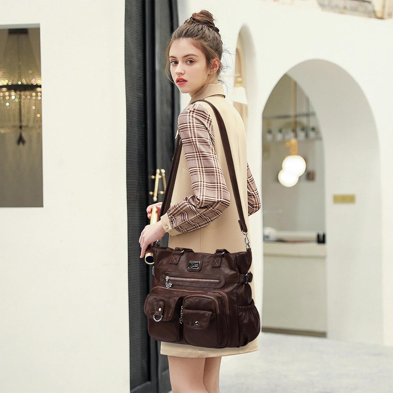 Thumbnail 2 de KL928 Handtasche Damen Umhängetasche Schultertasche mit vielen Fächern – Kaffee