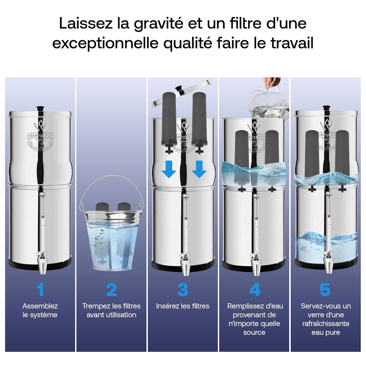 Thumbnail 5 de Weeplow Neptune : système de filtration d’eau par gravité 11 litres en AISI 304 avec 2 cartouches O’Pure 2