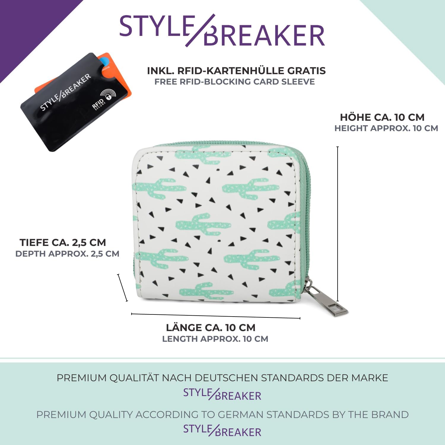 Detalle de styleBREAKER mini portamonete con stampa cactus – bianco/verde menta, chiusura a cerniera circolare