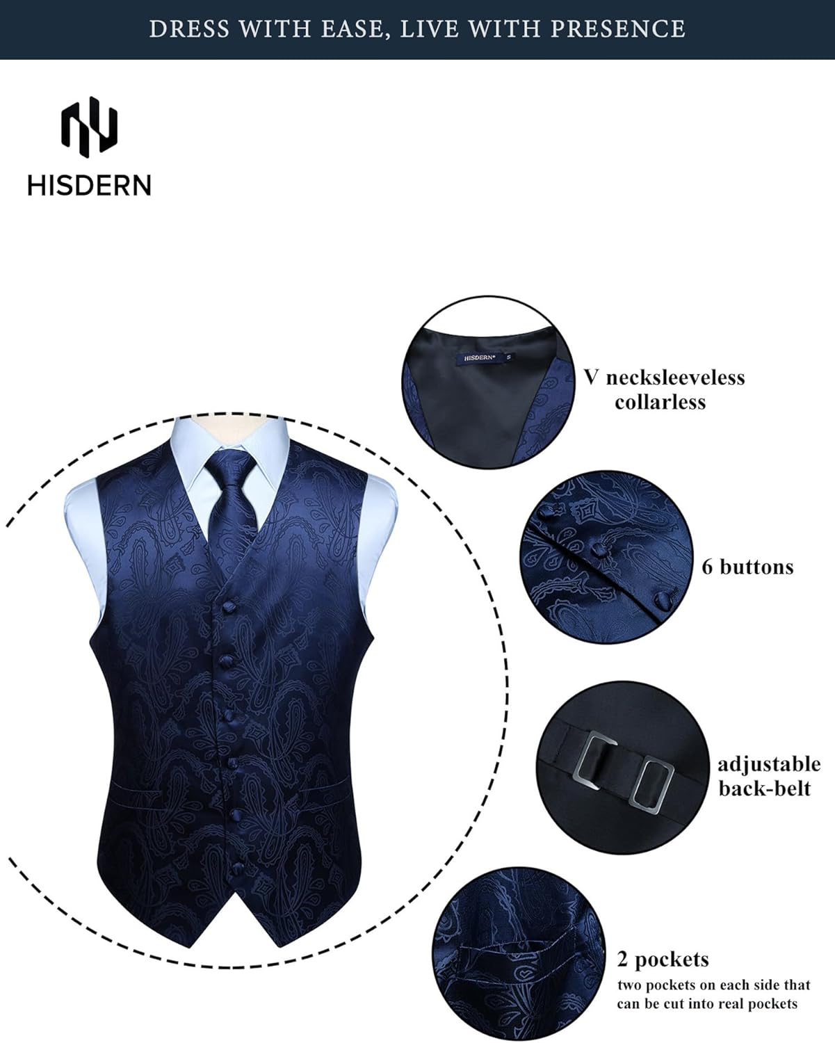 Thumbnail 3 de HISDERN 3-Piece Formal Vest Set: Paisley Jacquard Waistcoat, Necktie & Pocket Square