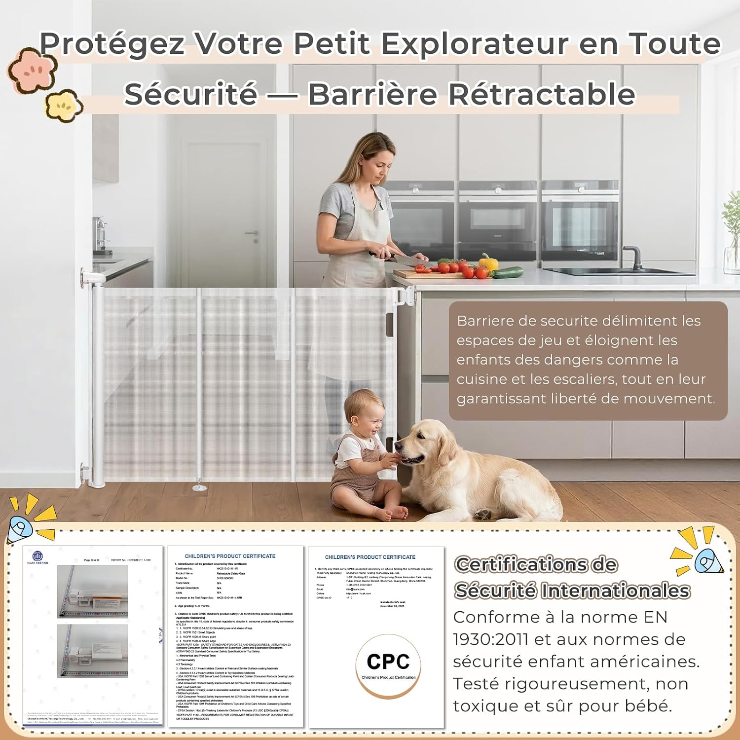 Thumbnail 1 de Ycozy Barrière de sécurité rétractable, maille renforcée et verrou bicolore