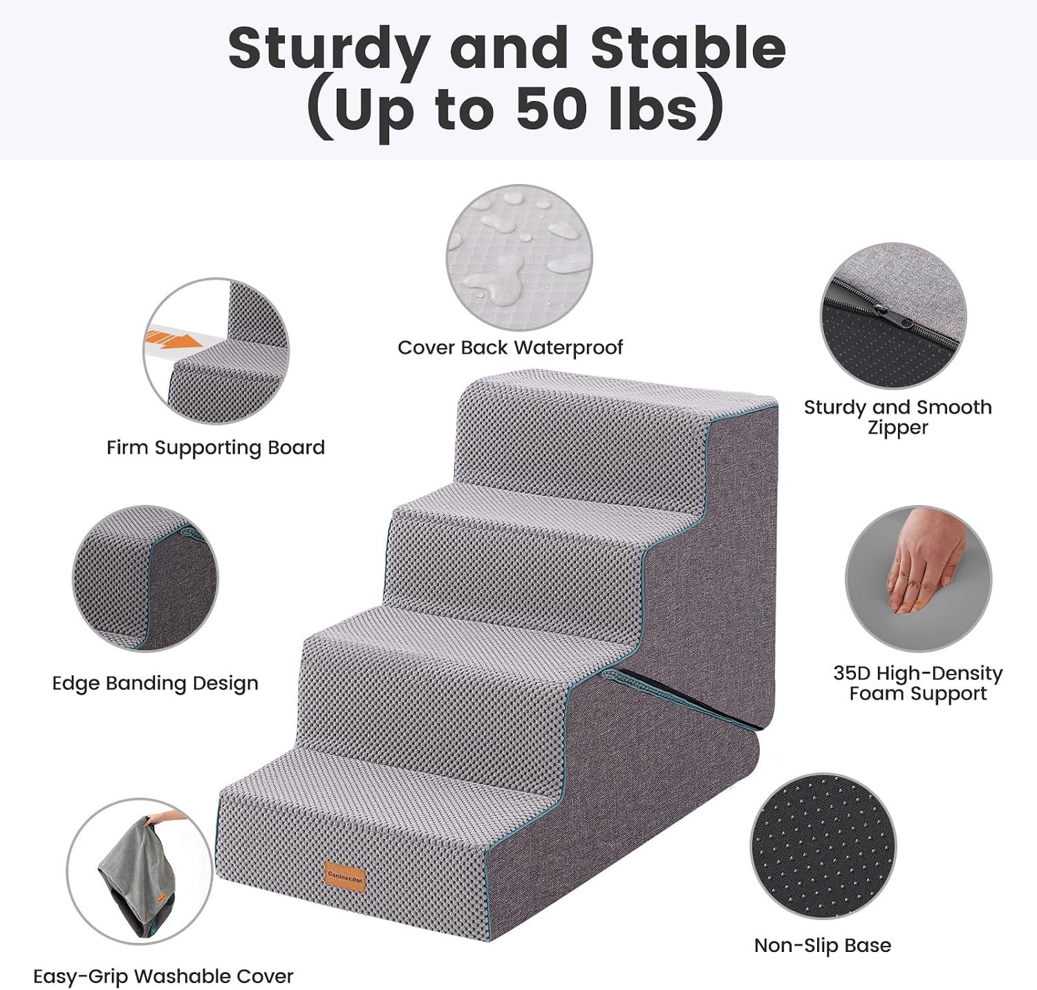 Detalle 2 de Gardner Pet 4-Step Adjustable Dog Steps for Bed 47–56cm High (Grey) – Waterproof, Non-Slip Ramp with 35D Foam