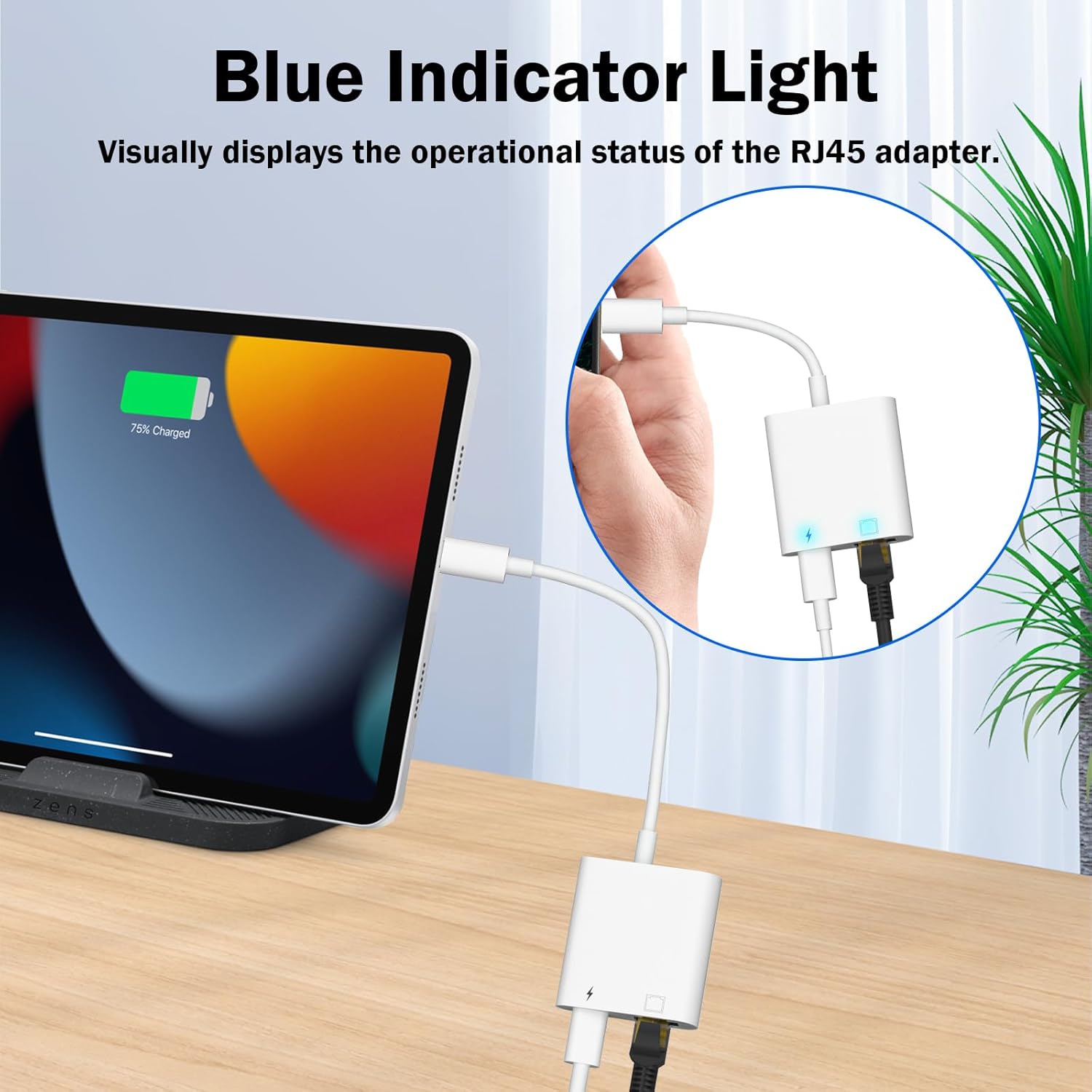 Detalle de HUAZHUN Lightning to Ethernet Adapter (Apple MFi certified) 2-in-1 RJ45 with charge port – 10/100Mbps