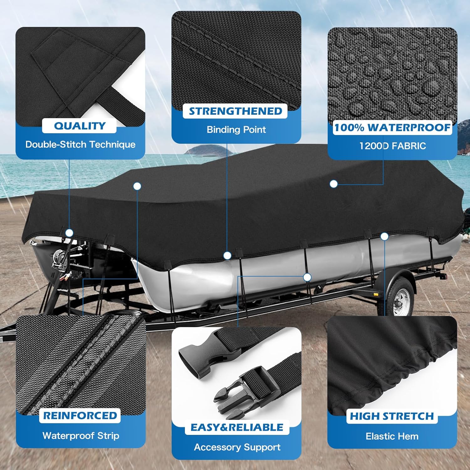 Thumbnail 2 de Solim Trailerable 1200D PU Heavy-Duty Pontoon Boat Cover (19–21 ft), Waterproof Oxford Canvas, Black