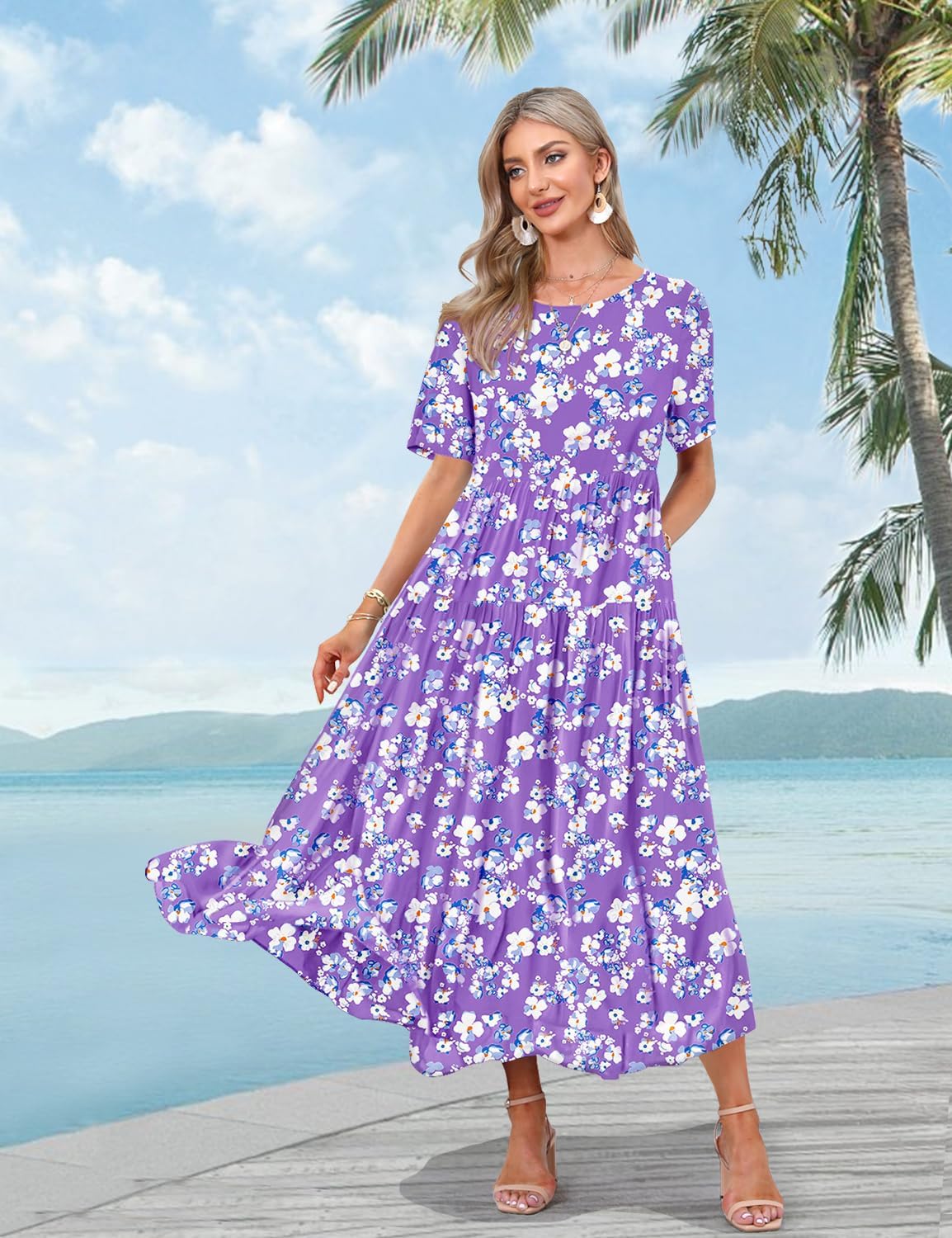 Thumbnail 2 de YESNO Damen Kleider Freizeit Lose Sommerkleid – Maxikleid Boho mit Blumenprint, Rundhals, Strandlook