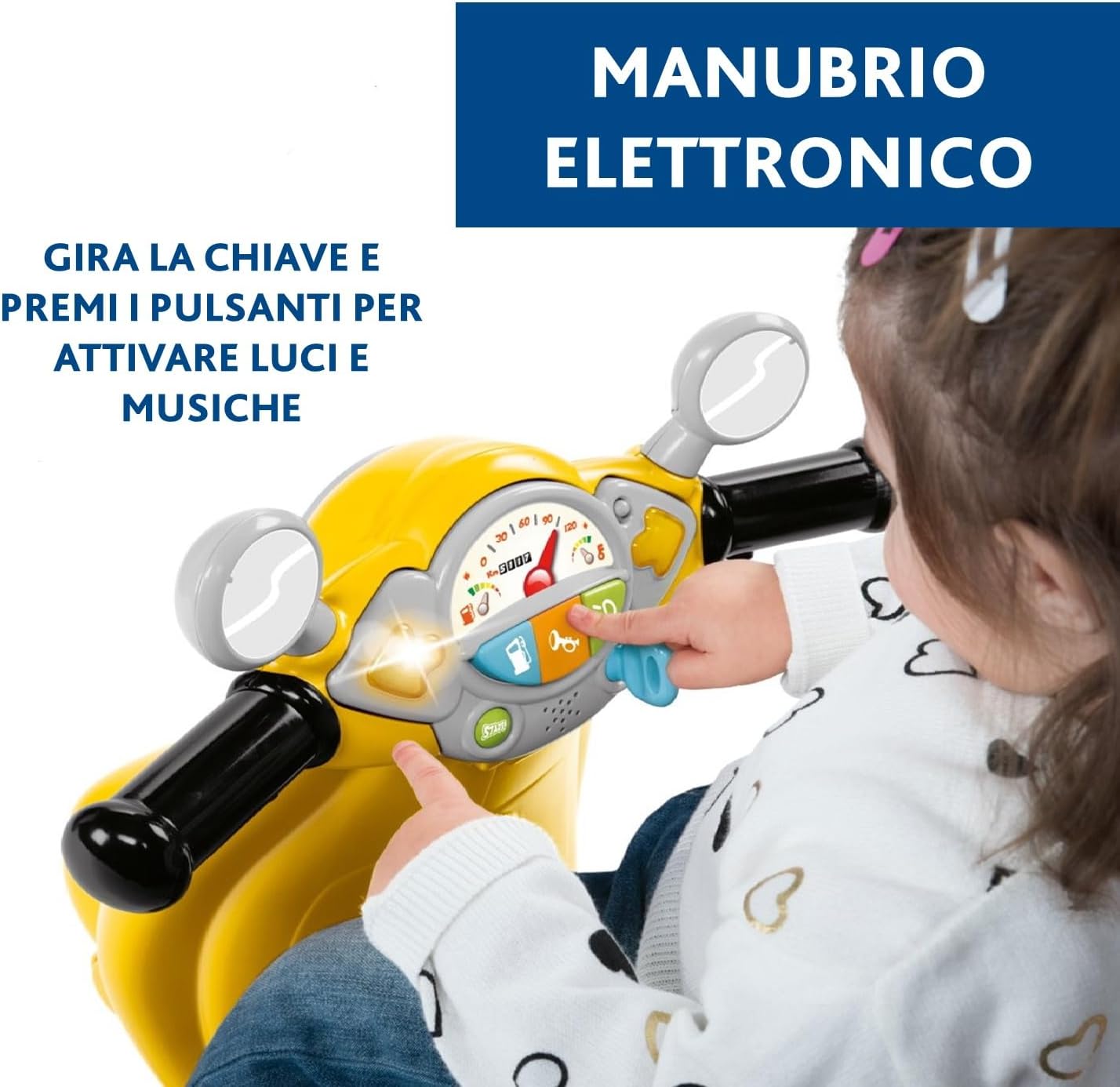 Detalle de Chicco Vespa Primavera per Bambini: moto cavalcabile con pannello elettronico e ruote removibili
