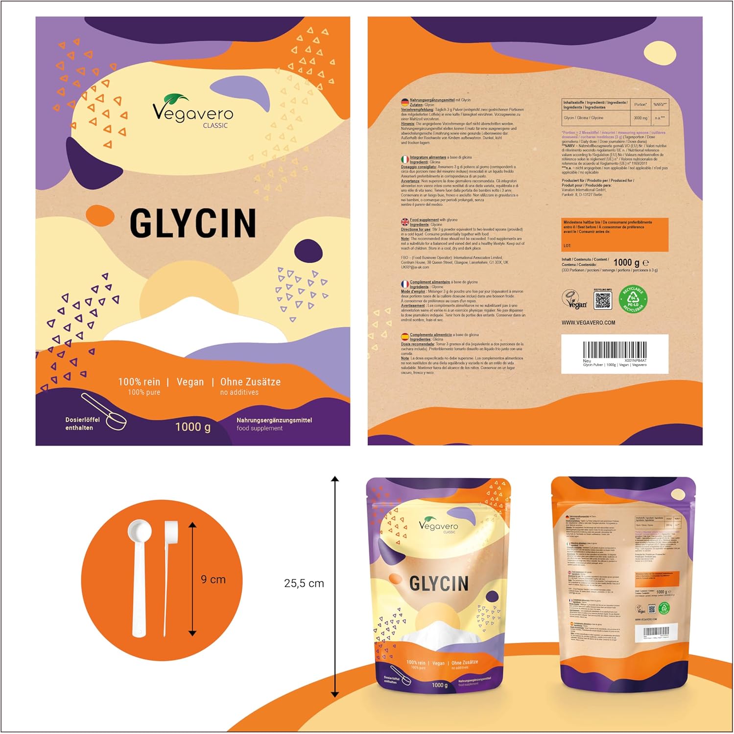 Thumbnail 1 de Vegavero Glycin Pulver (1.000 g) mit Messlöffel – reines Glycin ohne Zusätze, fein löslich
