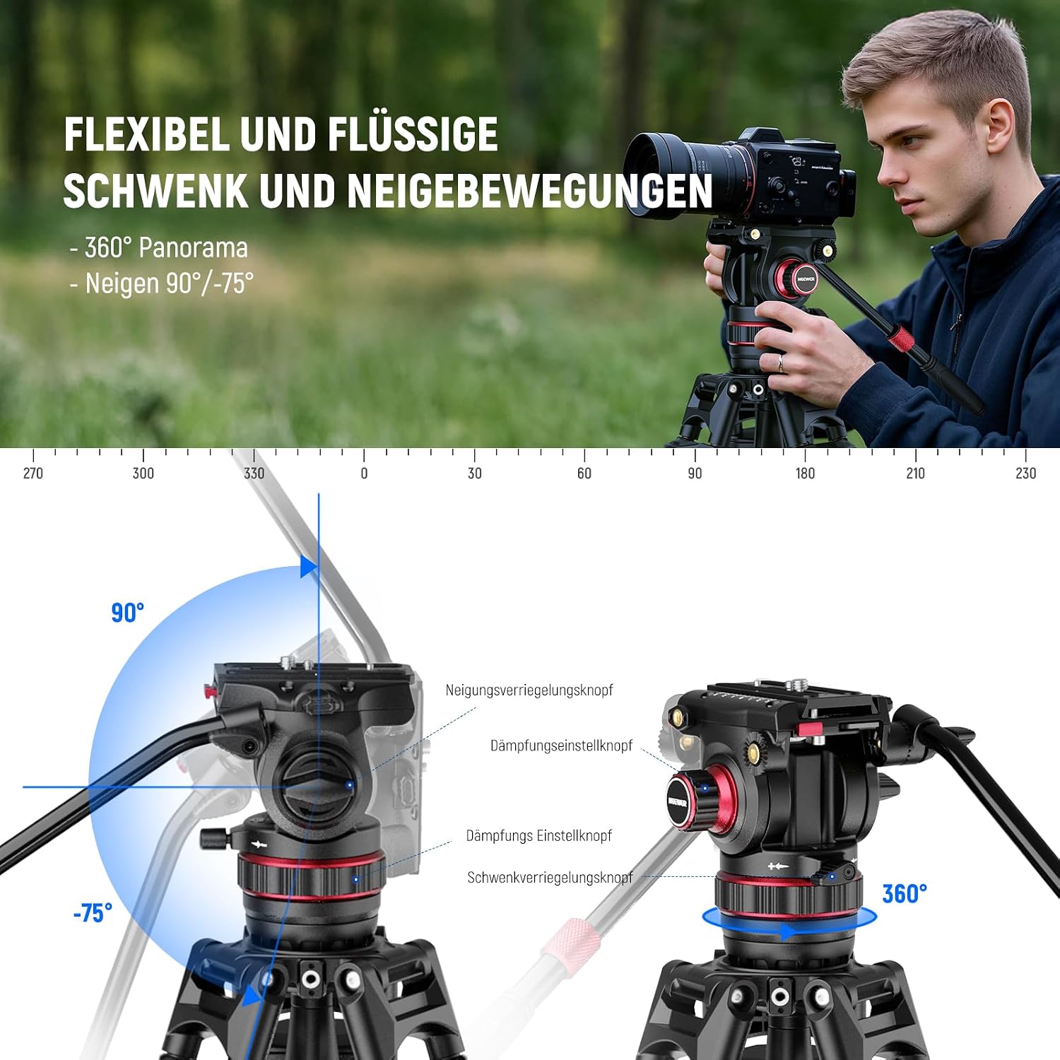 Detalle 2 de NEEWER 78" Kohlefaser-Video-Kamerastativ mit Fluidkopf, dämpfbarer Neigung und QR-Schnellwechsel