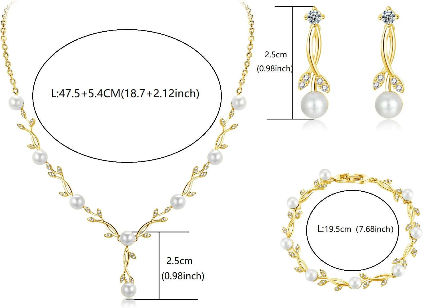 Detalle de Toplstud Hochzeit 925 Schmuckset Silbern – Halskette, Armband und Ohrringe in Blattform mit Perlen und Zirkonia