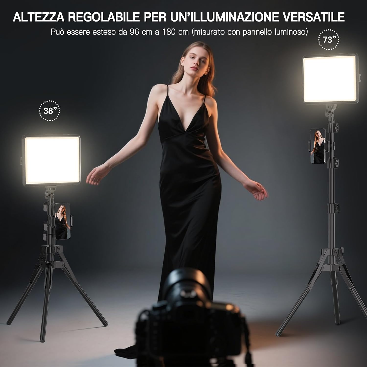 Thumbnail 6 de Kit di 2 Luci Video LED Dimmerabili 2800-6500K con Treppiede e Supporto Telefono – Luce da Studio 185,4 cm