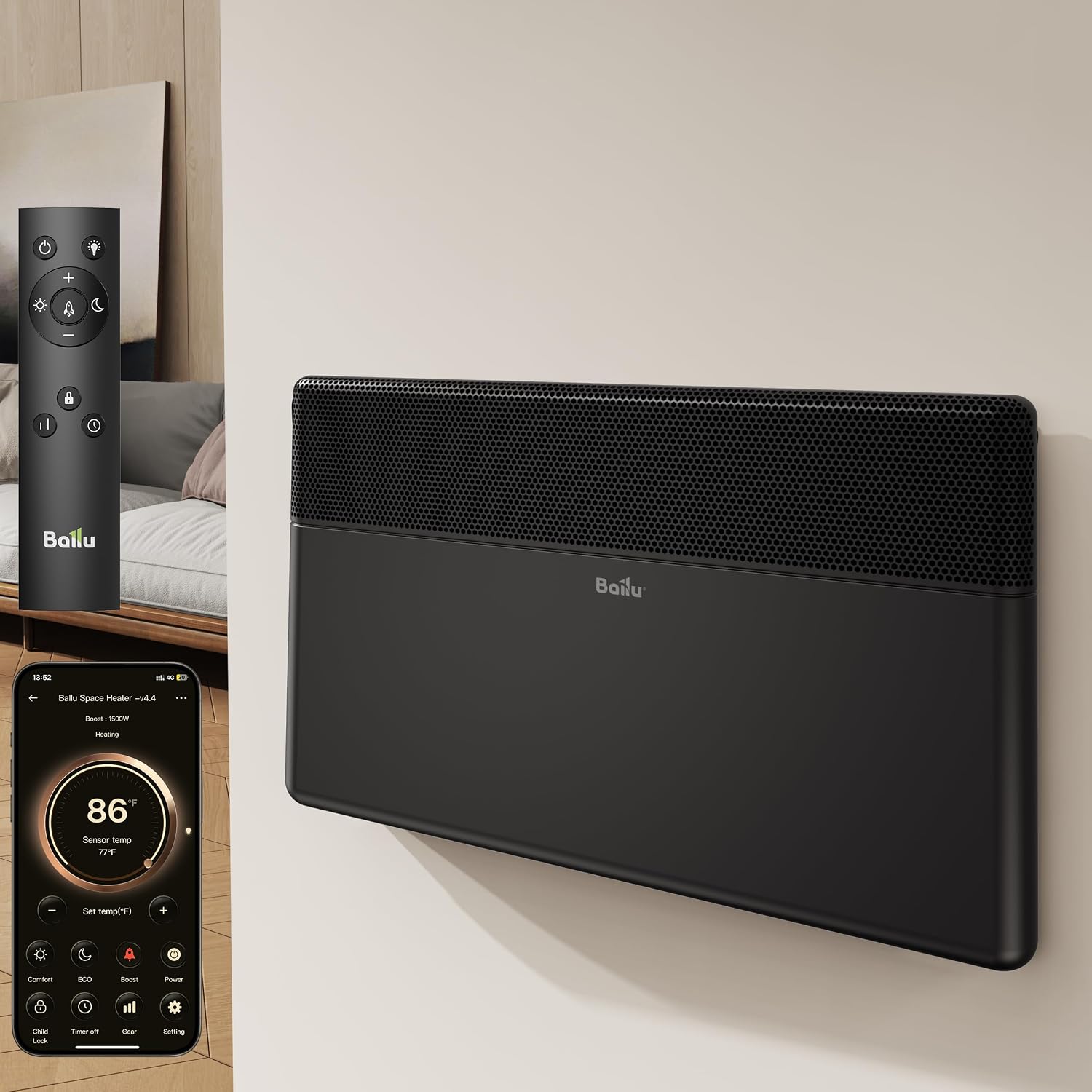 Detalle de Ballu NCA1-4.4-BLACK Smart Convection Space Heater, 1500W, Wi-Fi