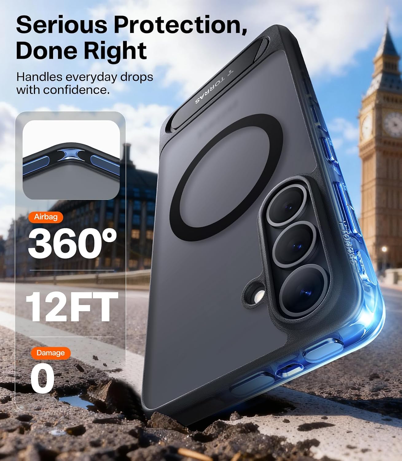 Detalle de TORRAS Ostand L1 Case for Samsung Galaxy S26 – Durable Titanium Stand, MagSafe Magnetic Ring & 360° Protection