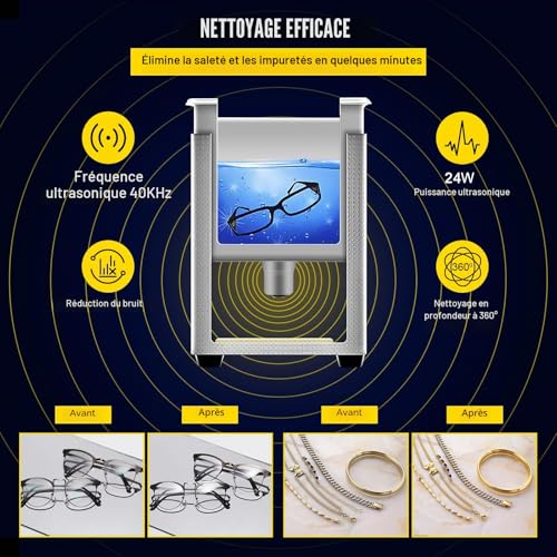 Detalle de VEVOR Nettoyeur à Ultrasons 0,8 L – Nettoyage professionnel sans chauffage pour bijoux, pièces et lunettes