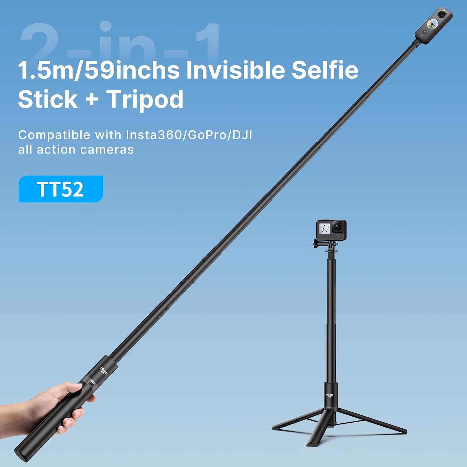 Detalle 2 de ULANZI Trépied pour Selfie Stick 150 cm (TT52) 2-en-1 avec tête 1/4’’, compatible Insta360 GO 3 / GO 2 et DJI Pocket 3/4