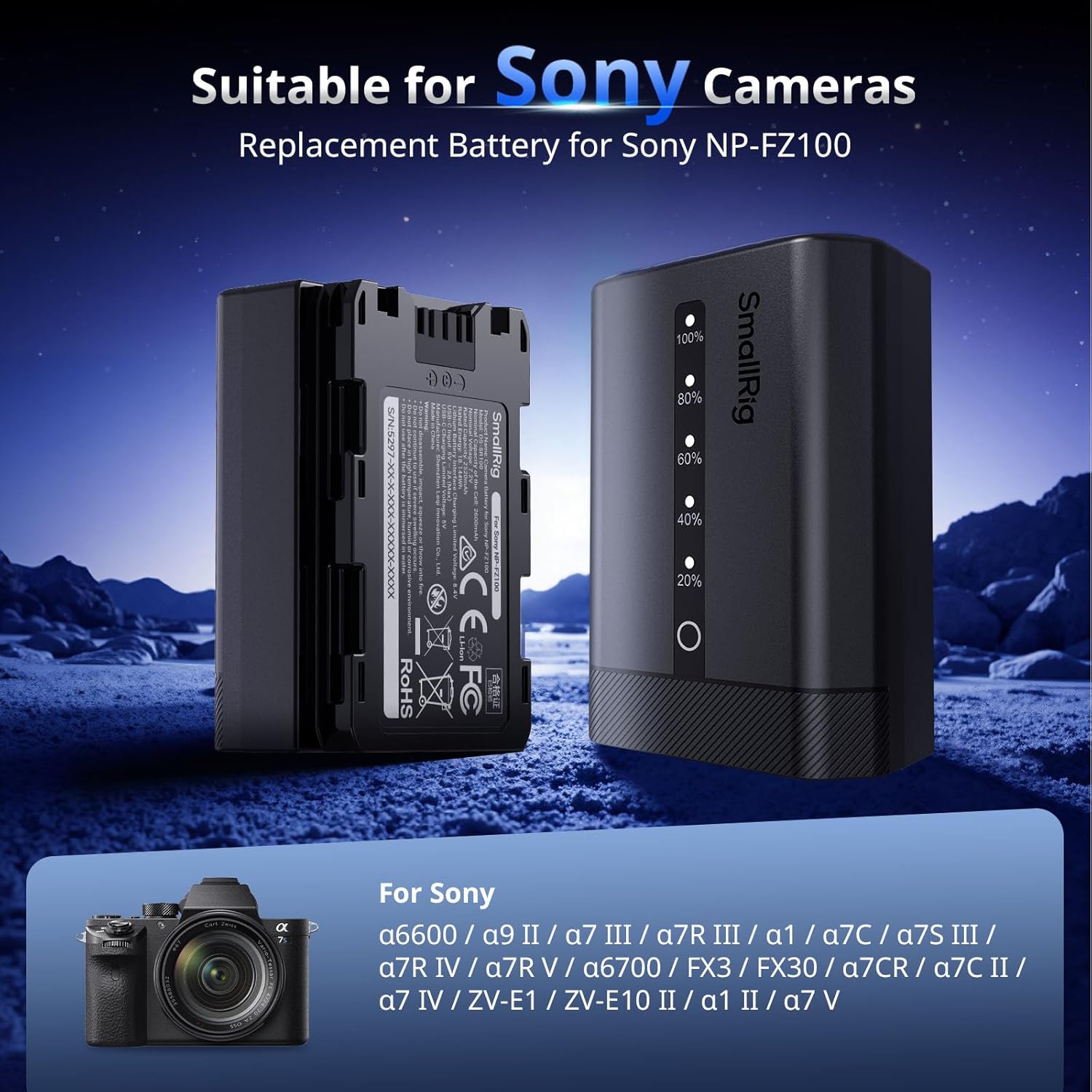 Thumbnail 4 de SmallRig batterie NP-FZ100 2520 mAh avec indicateur LED et USB-C (charge rapide 2,5 h) pour Sony Alpha