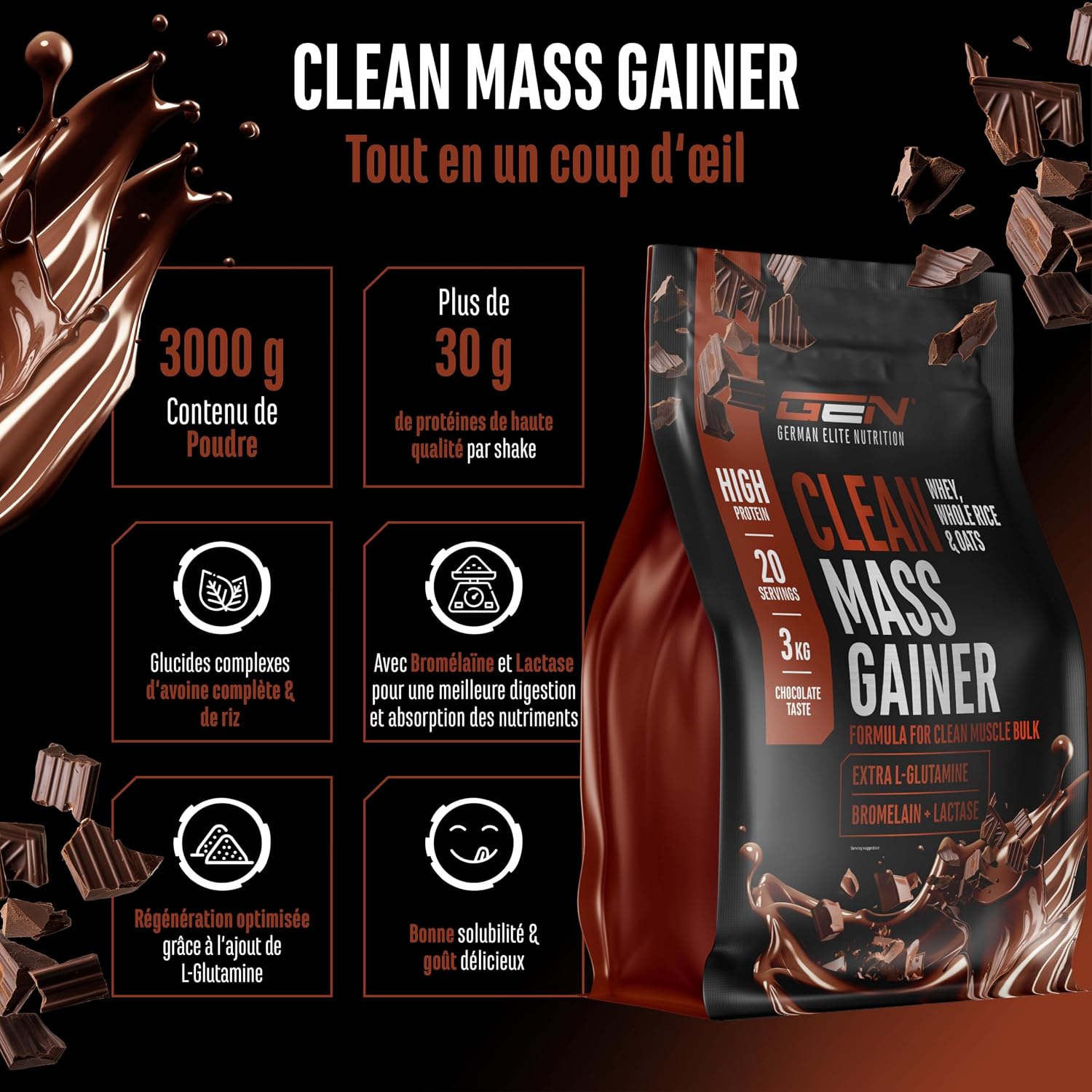 Detalle de Clean Weight Gainer 3 kg (chocolat) – gainer végétarien avec glucides complexes