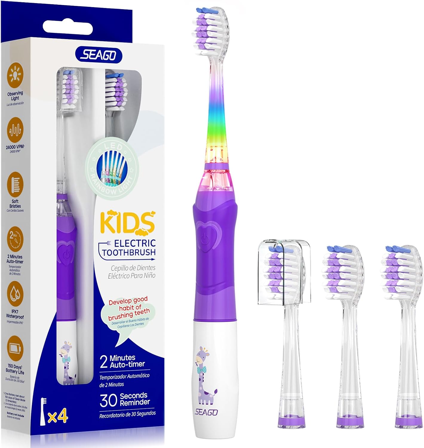 Detalle de Seago brosse à dents électrique enfant SG977 Violet – 4 têtes, LED colorées, minuterie 2 min, IPX7
