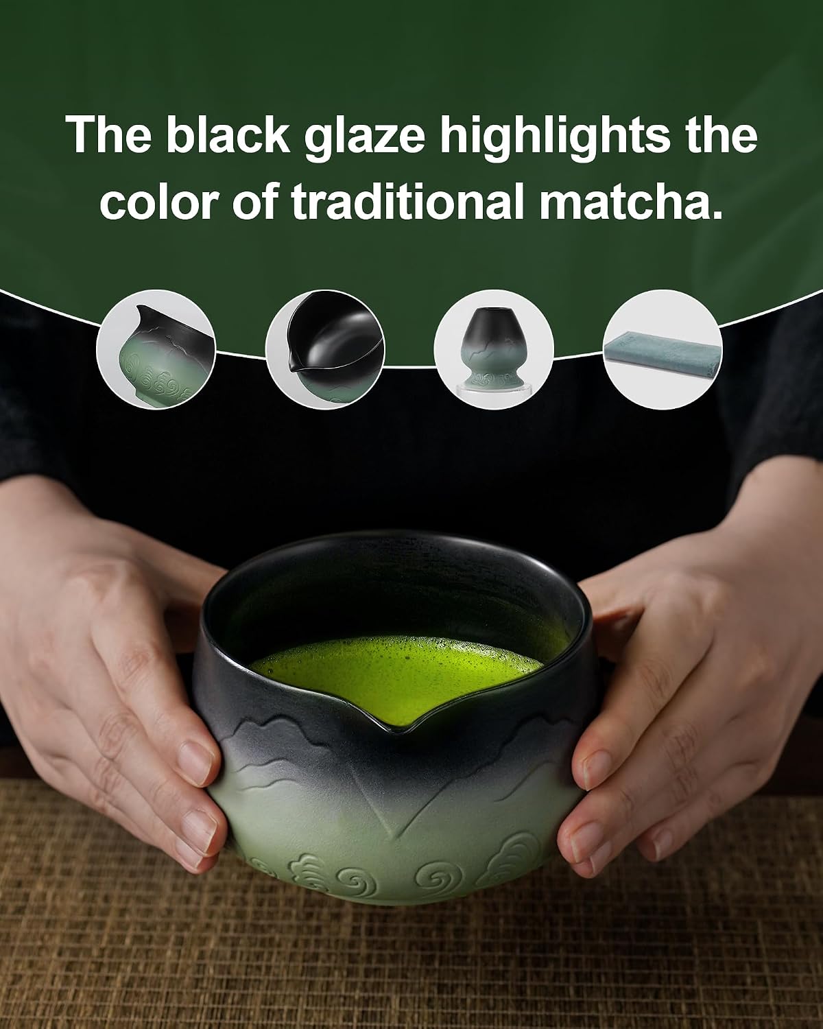 Detalle de ZENS Matcha Tea Set with Bamboo Whisk (5pc) – Sage Green Ceramic Bowl, Chasen Holder, Scoop & Towel