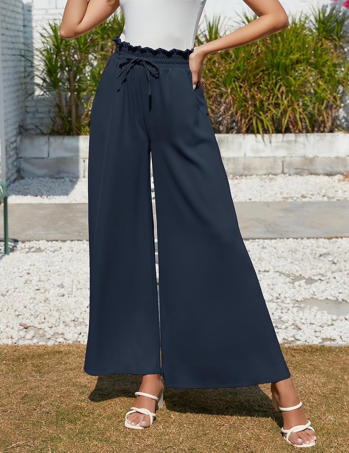 Detalle de CMTOP Pantalon femme fluide d’été à taille haute élastique, jambes larges et poches