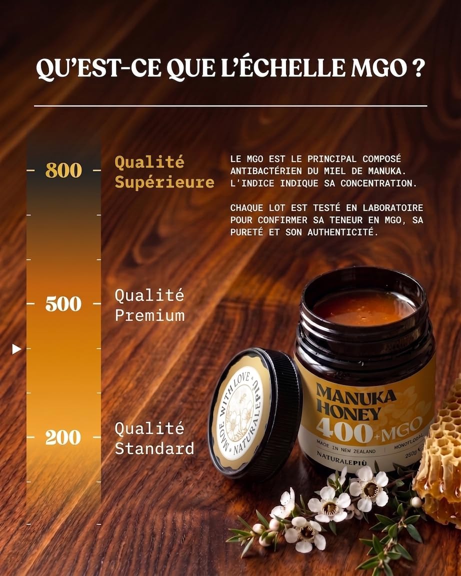 Detalle de NaturalePiù Miel de Manuka 400+ MGO, 500g brut et bio de Nouvelle-Zélande