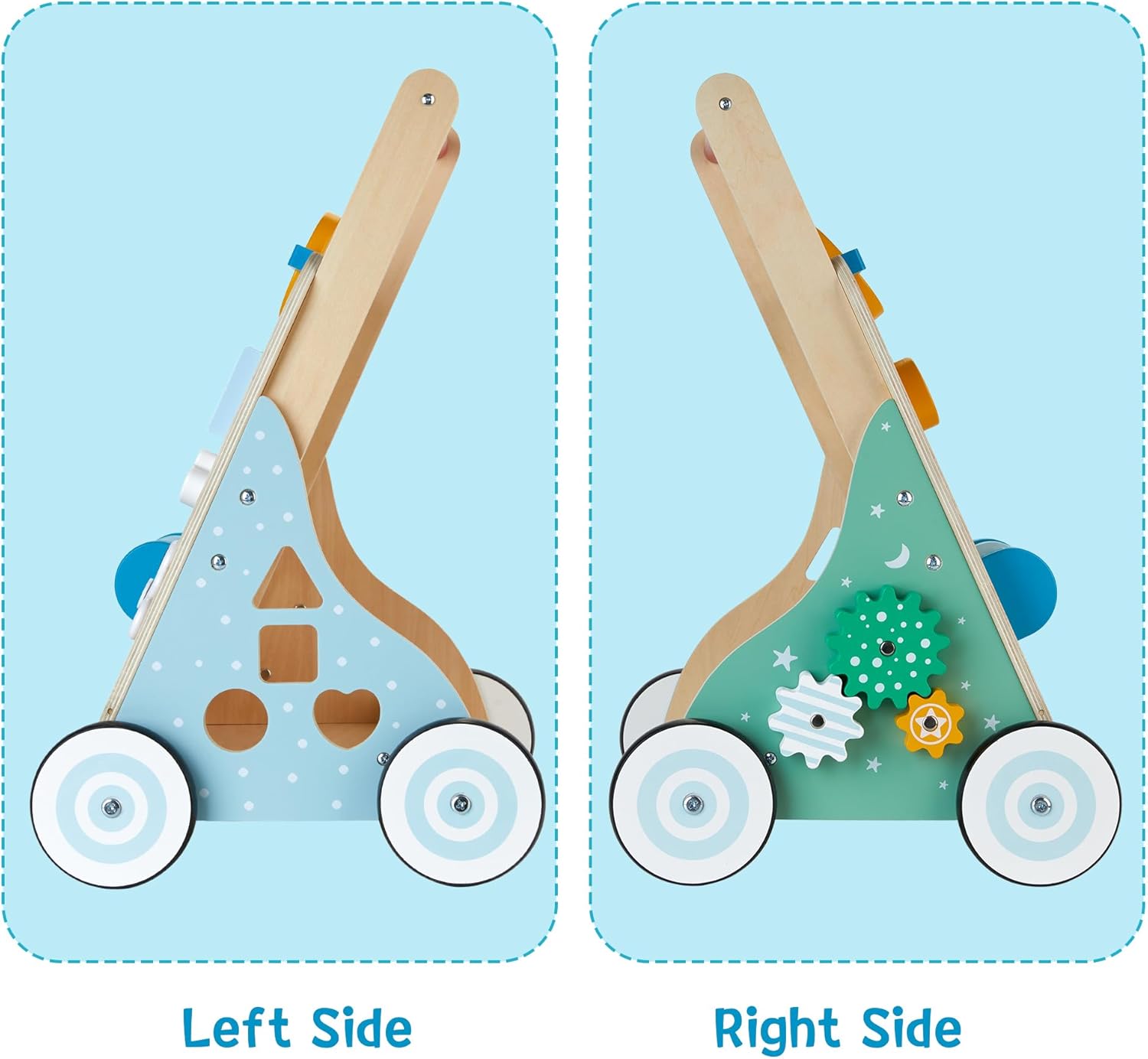 Detalle 2 de Wooden Baby Walker, 10 in 1 Activity Center (BW001) — Adjustable Wooden Toddler Walker for Boys and Girls