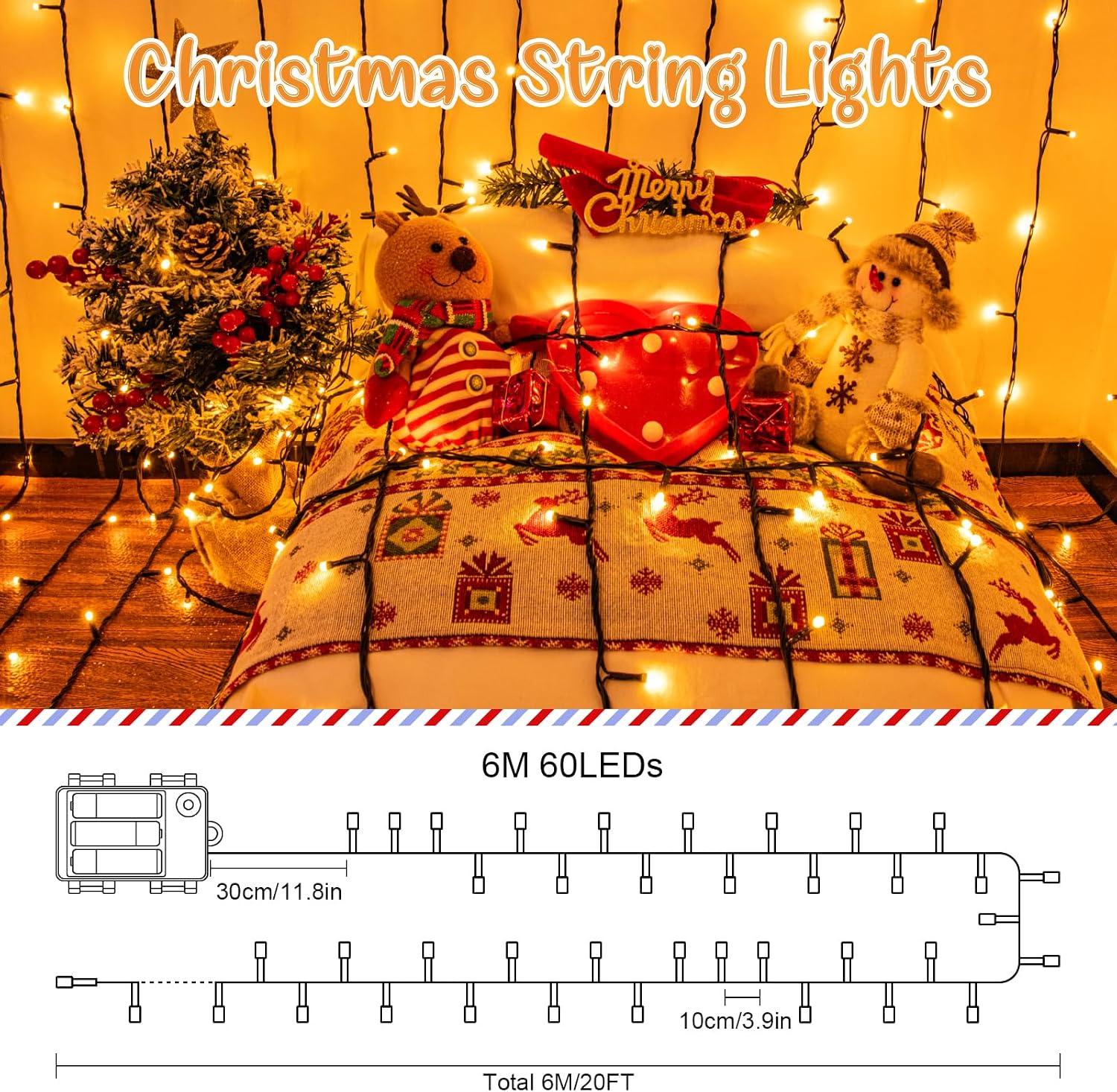 Detalle de cshare Fairy Lights Battery Operated, 6M 60LED Warm White with Timer – Indoor/Outdoor Decorative String Lights