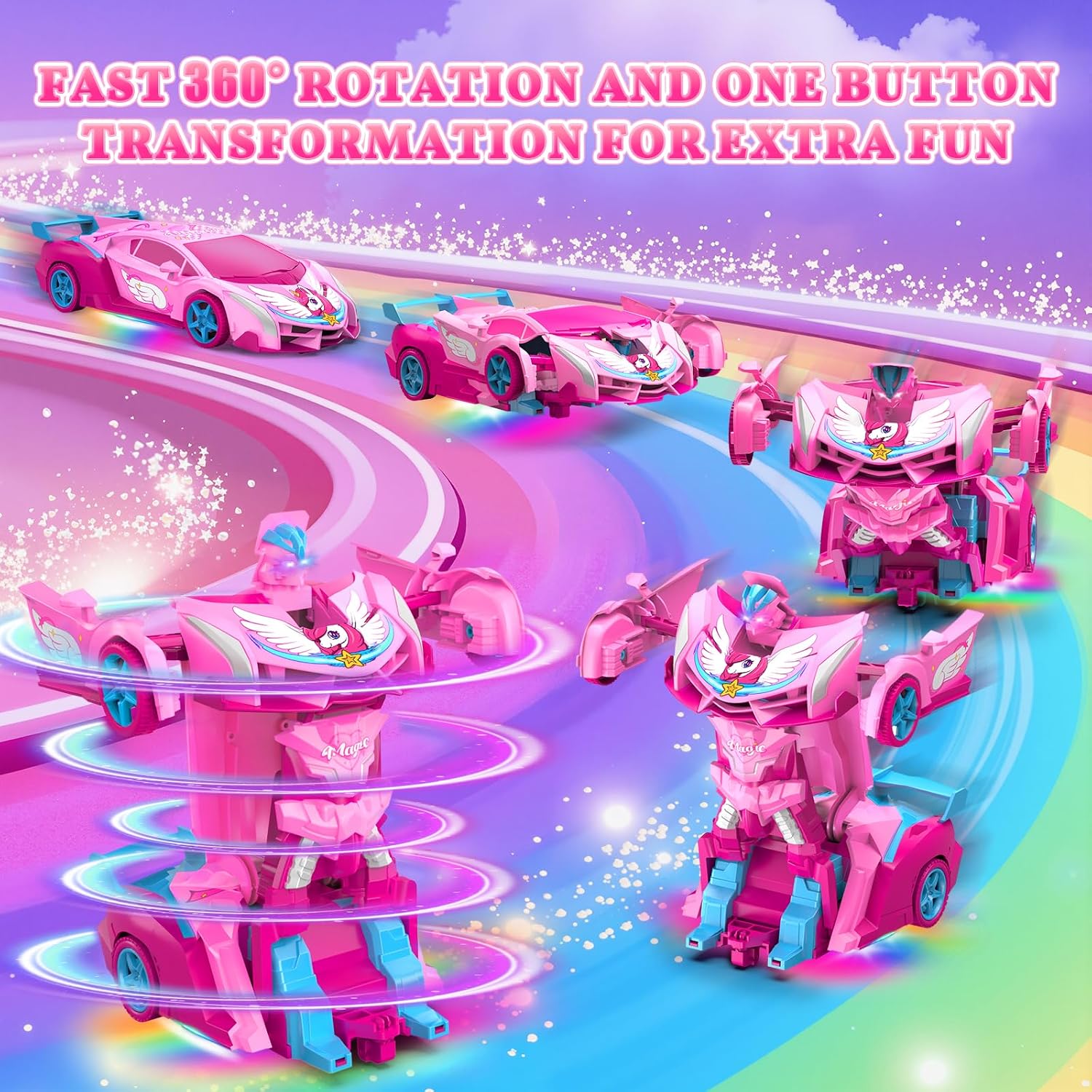 Detalle de Unicorn Transform RC Cars for Girls Toys with Rainbow Eyes & Underbody Lights