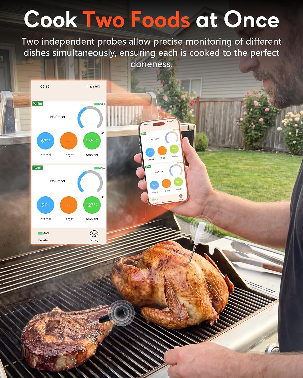 Detalle de GJX DT-136 Wireless Meat Thermometer with Dual Probes, Bluetooth 5.3 and IP67