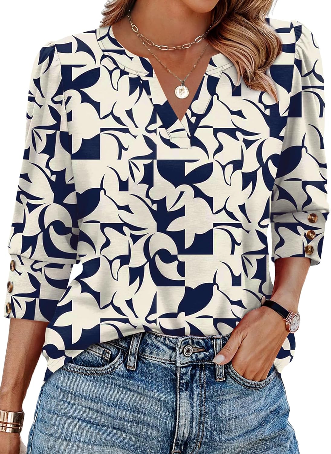 Detalle de WIHOLL 3/4 Length Sleeve Top with Button Cuffs – Dressy Casual V-Neck for Work and Everyday