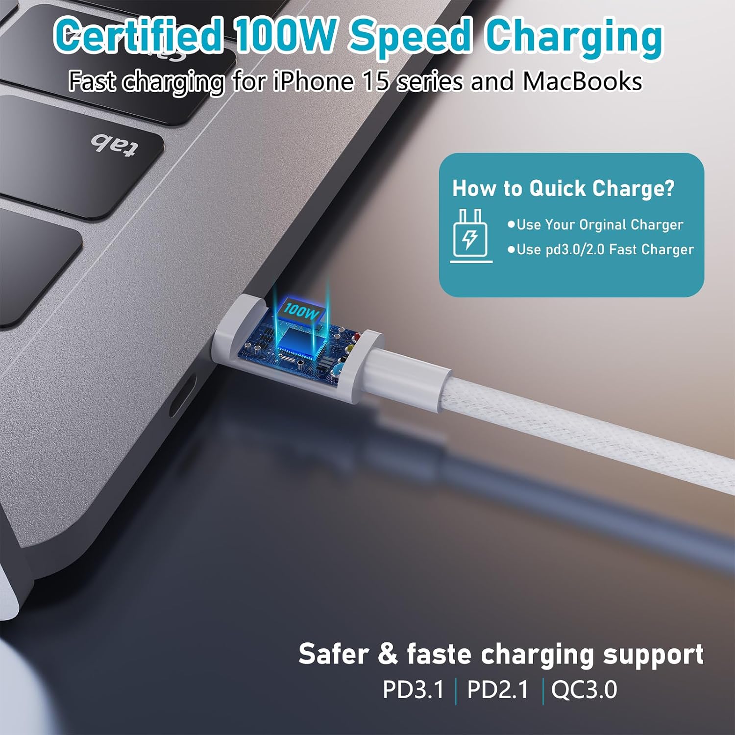 Thumbnail 5 de TIGOJH USB-C to USB-C braided power cable (3M / 10ft) with 100W Power Delivery