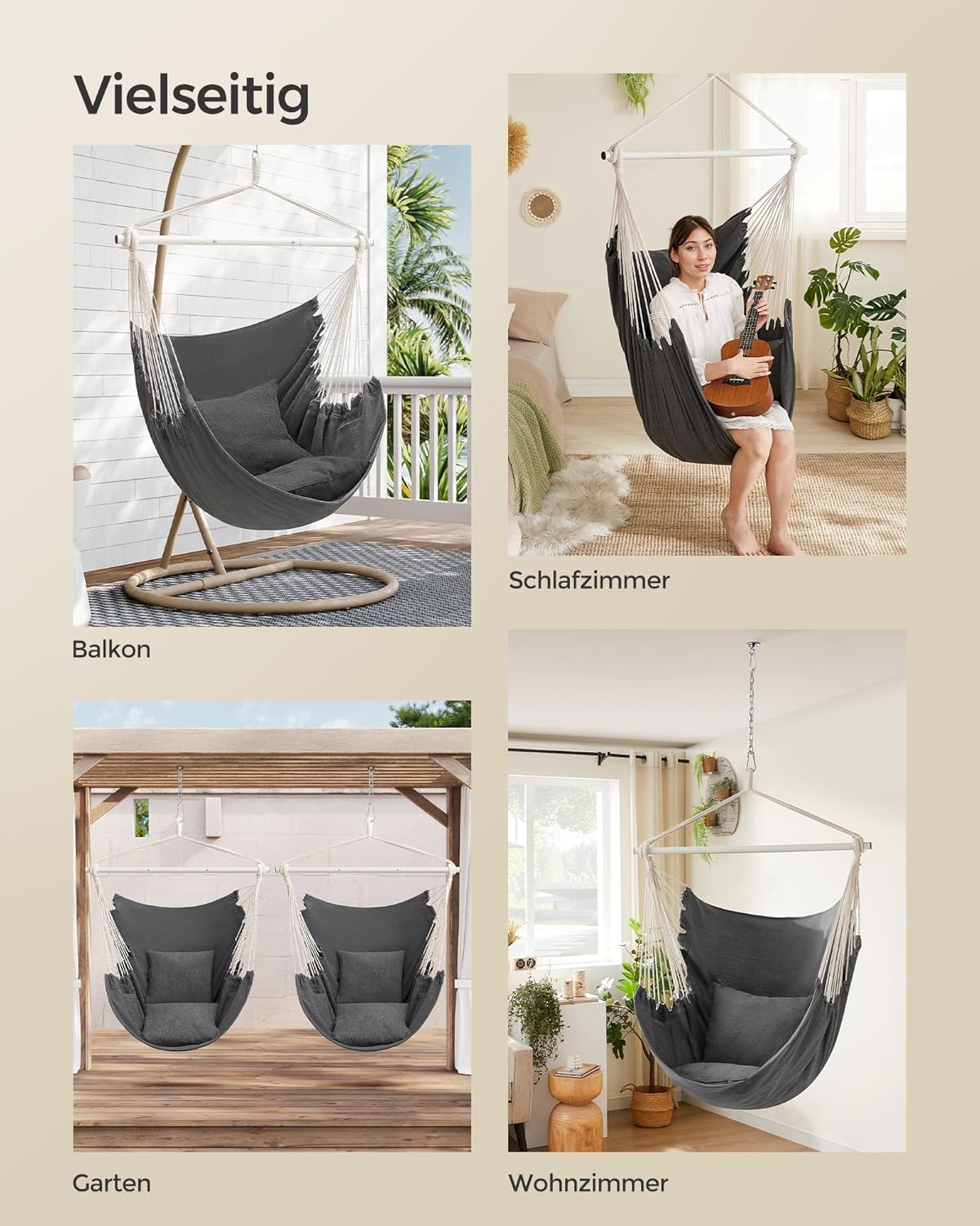 Detalle 2 de SONGMICS Hängesessel GDC197G02 – Boho-Schaukelstuhl mit 2 Kissen, 150 kg Tragkraft, Innen/Außen