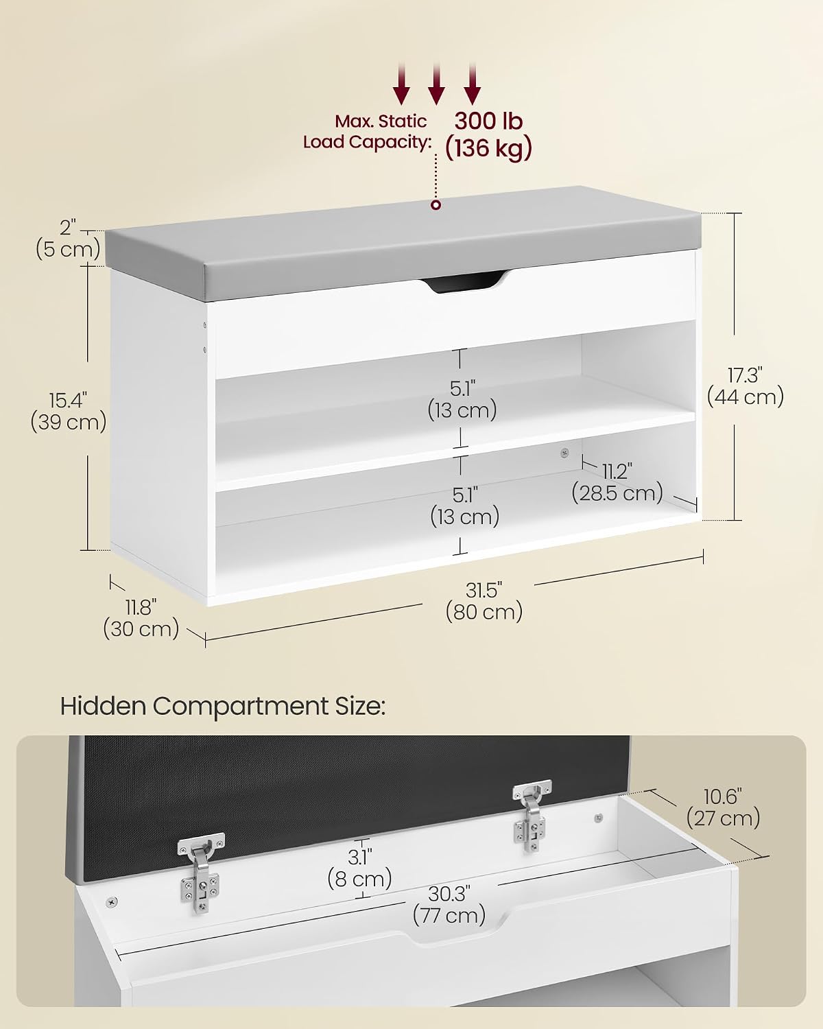 Detalle de VASAGLE Shoe Bench with Cushion 30 x 80 x 44 cm