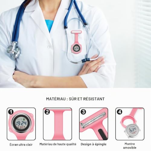 Detalle 2 de Vicloon Montre Infirmière en Silicone avec Clip – Broche et Fob | Rose