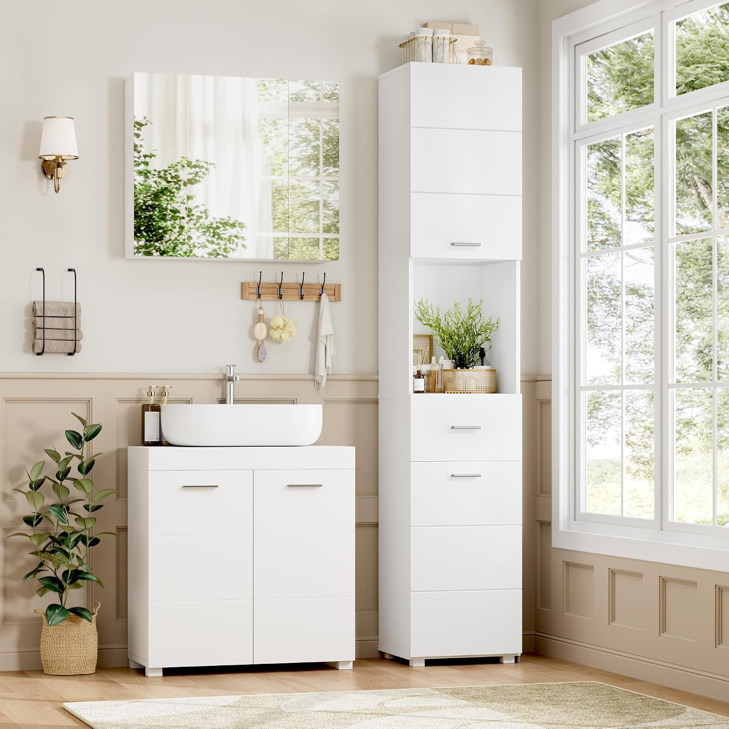 Detalle de FOREHILL 180cm Tall Bathroom Cabinet, Slim White Storage with Drawer