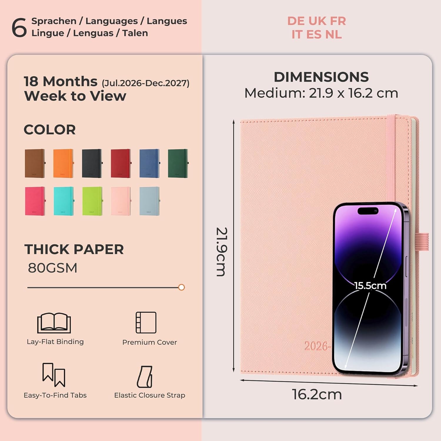 Detalle de IN-LUXPRO Academic Diary 2026-2027: A5 Week to View (Pink PU Leather)