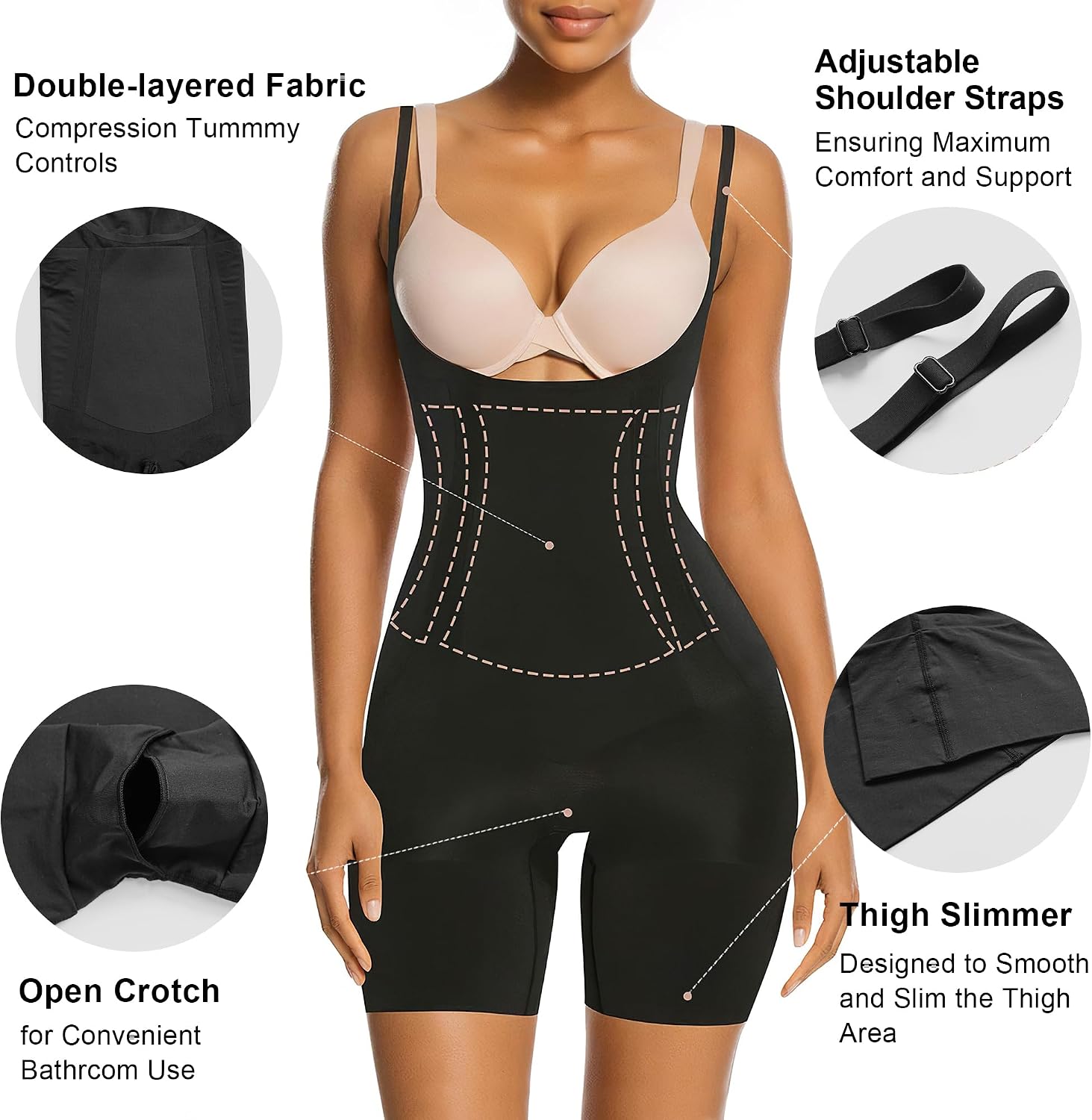 Detalle de SHAPERX Tummy Control Seamless Open-Bust Mid-Thigh Shapewear Bodysuit