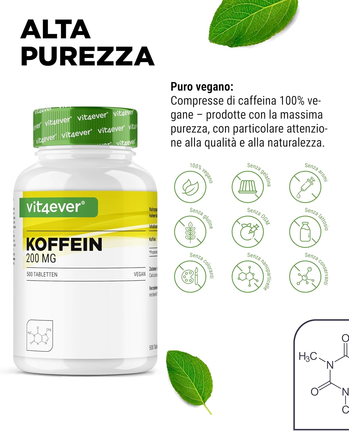 Detalle 2 de Compresse di caffeina da 200 mg ciascuna – 500 compresse, 200 mg caffeina anidra (vegane) vit4ever