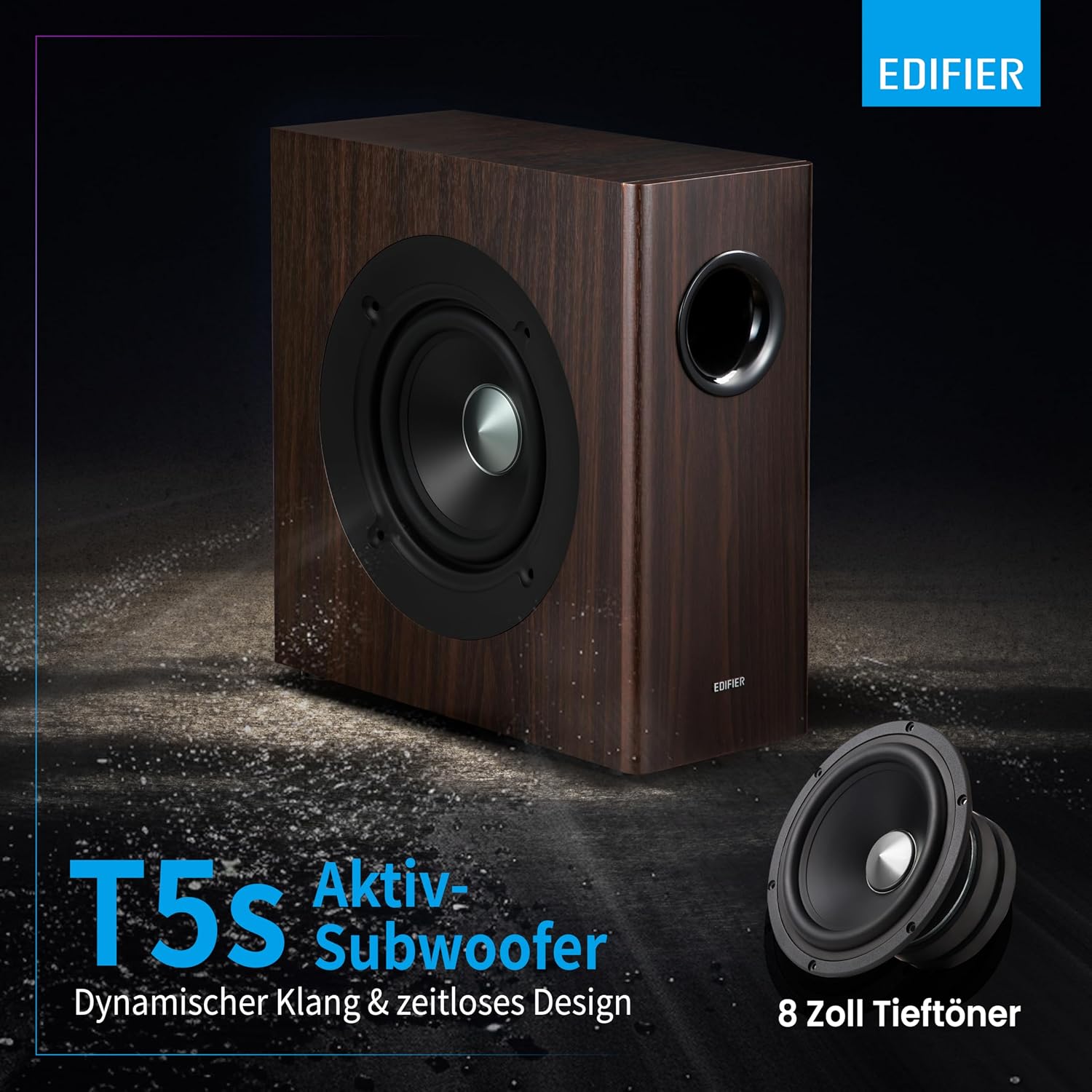 Detalle de Edifier T5s Aktiv-Subwoofer mit 8‑Zoll‑Tieftöner, 70 Watt RMS und Low‑Pass‑Filter bis 35 Hz